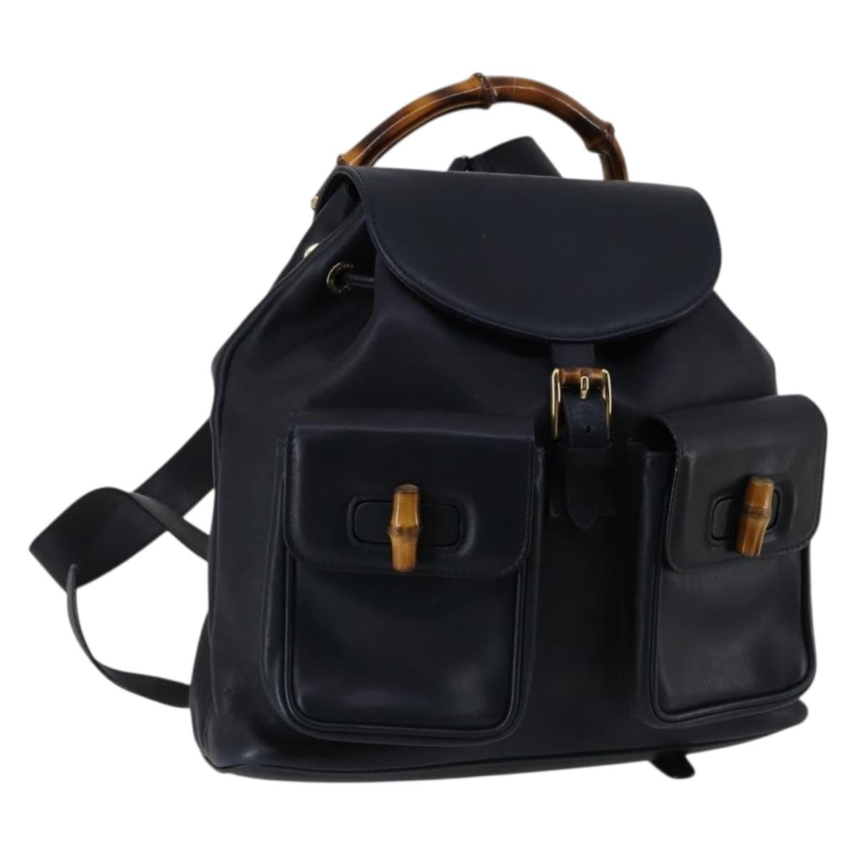 Gucci Vintage Bamboo Backpack Leather, NAVY, LEATHER, Backpack