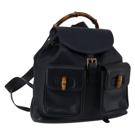 Gucci Vintage Bamboo Backpack Leather, NAVY, LEATHER, Backpack