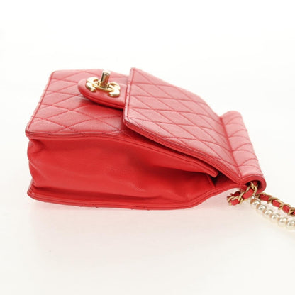 Chanel Pearl Chain Flap Bag Quilted Lambskin, RED, CALFSKIN, Clutche & pouche