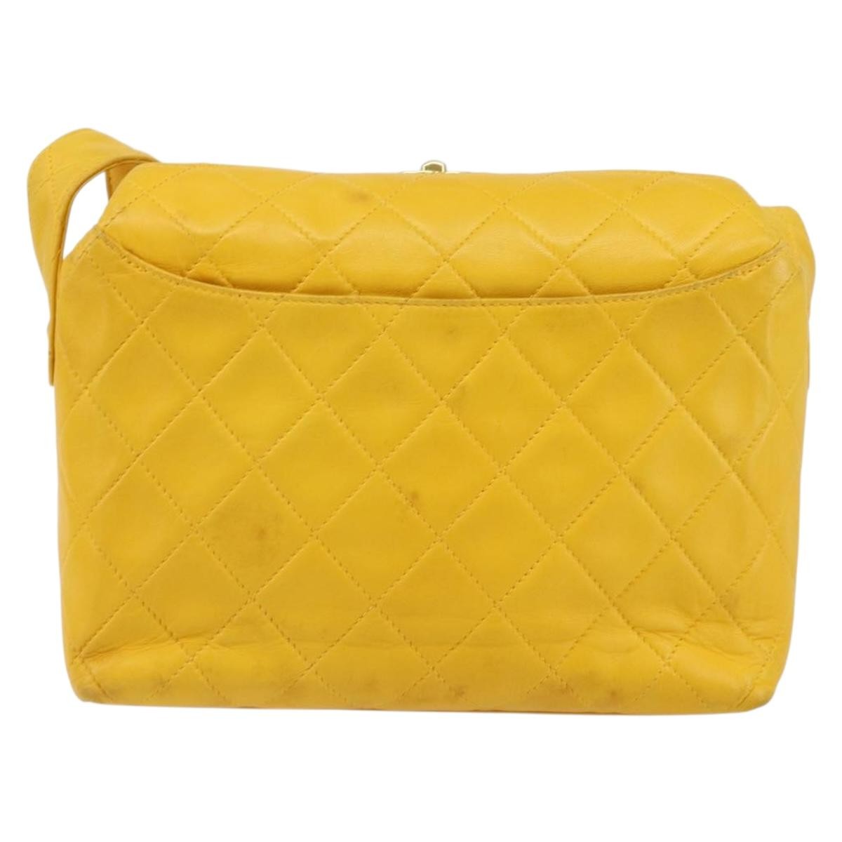 Chanel Vintage CC Fold Over Shoulder Bag Quilted Lambskin, YELLOW, LEATHER, Shoulder bag