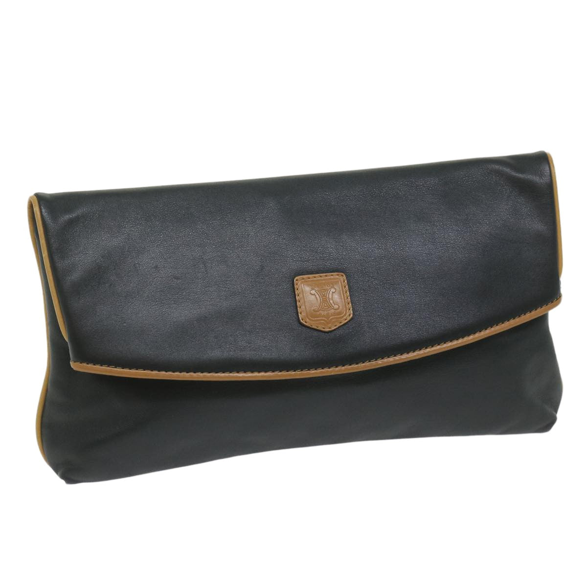 Celine Logo Triomphe Pouch Leather, BLACK, LEATHER, Clutche & pouche