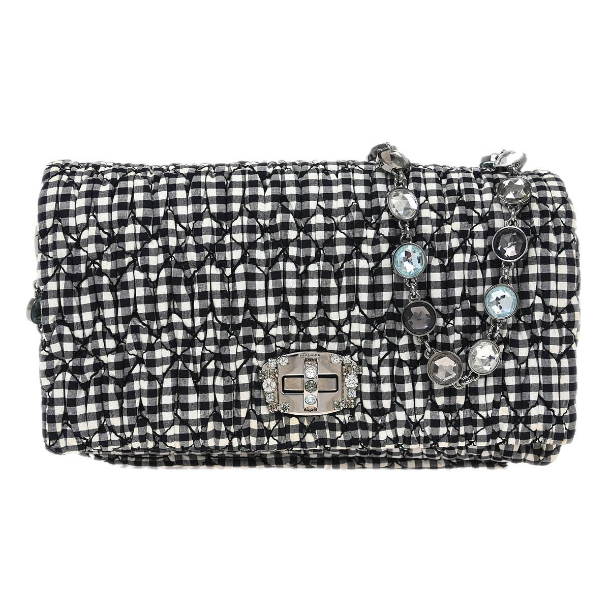 Miu Miu Crystal Clutch Matelasse Gingham Print Canvas, BLACK, CANVAS, Clutche & pouche