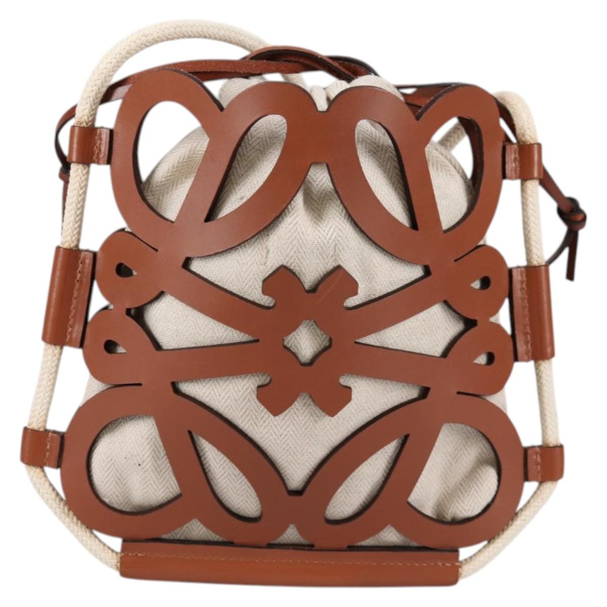 Loewe Anagram Drawstring Bucket Crossbody Bag Leather with Canvas, BEIGE, LEATHER, Crossbody bag
