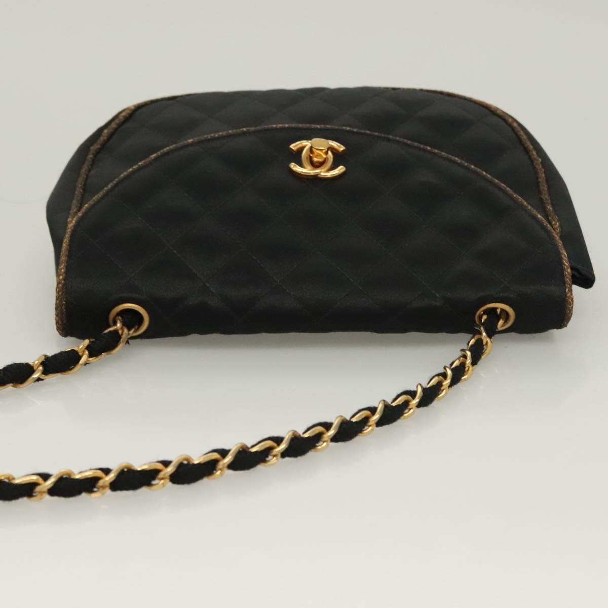 Chanel Vintage Half Moon Chain Bag Quilted Satin with Braided Detail, BLACK, SATIN, Handbag