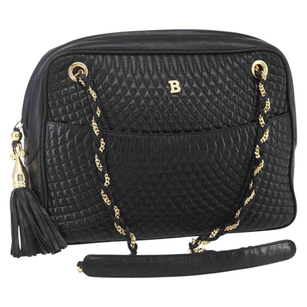 Bally Vintage Chain Shoulder Bag Quilted Leather, BLACK, LEATHER, Shoulder bag