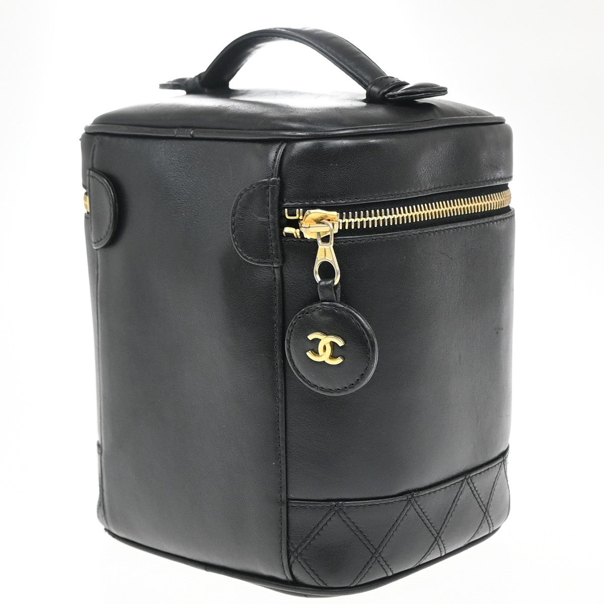 Chanel Vintage Cosmetic Case Leather, BLACK, LEATHER, Handbag