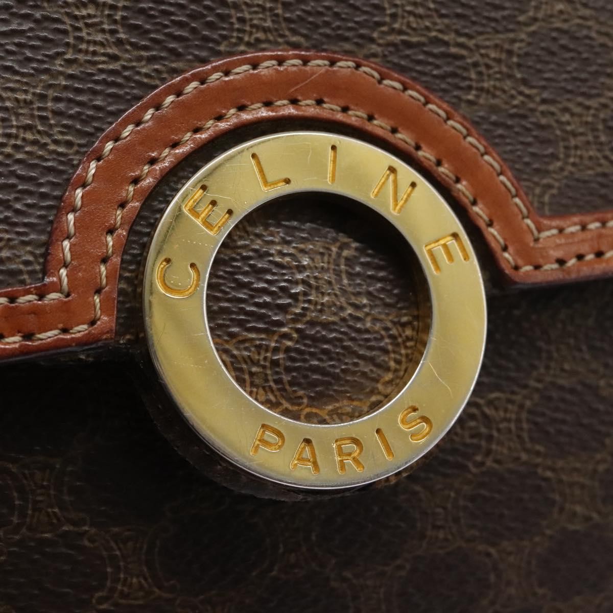 Celine Vintage Macadam Circle Logo Shoulder Bag Canvas and Leather, BROWN, CANVAS, Shoulder bag