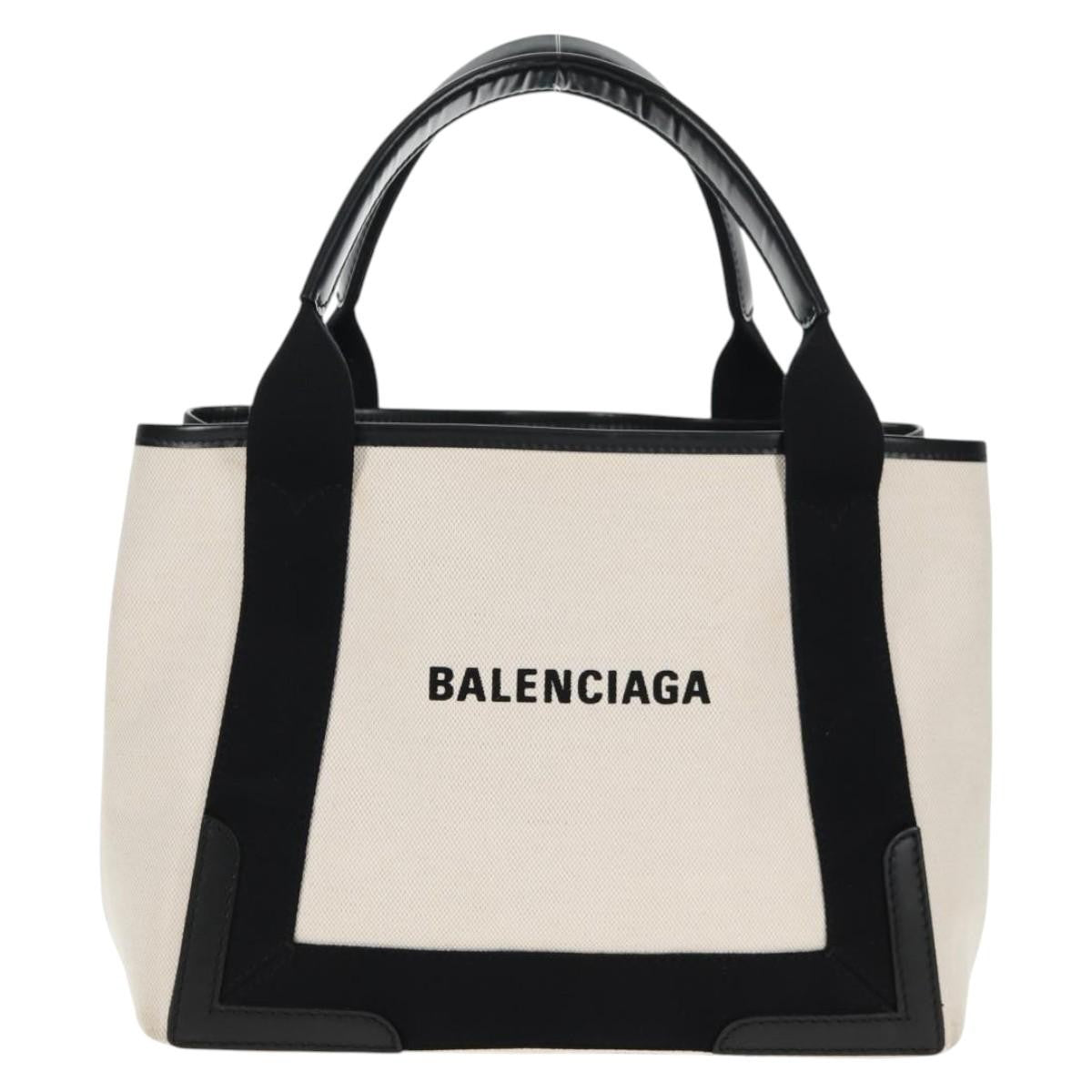 Balenciaga Navy Cabas Canvas with Leather, WHITE, CANVAS, Tote bag