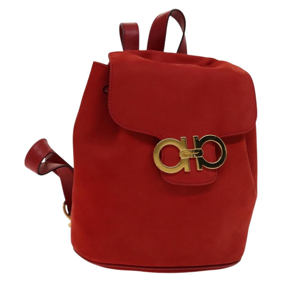 Salvatore Ferragamo Gancini Flap Drawstring Backpack Suede, RED, SUEDE, Backpack