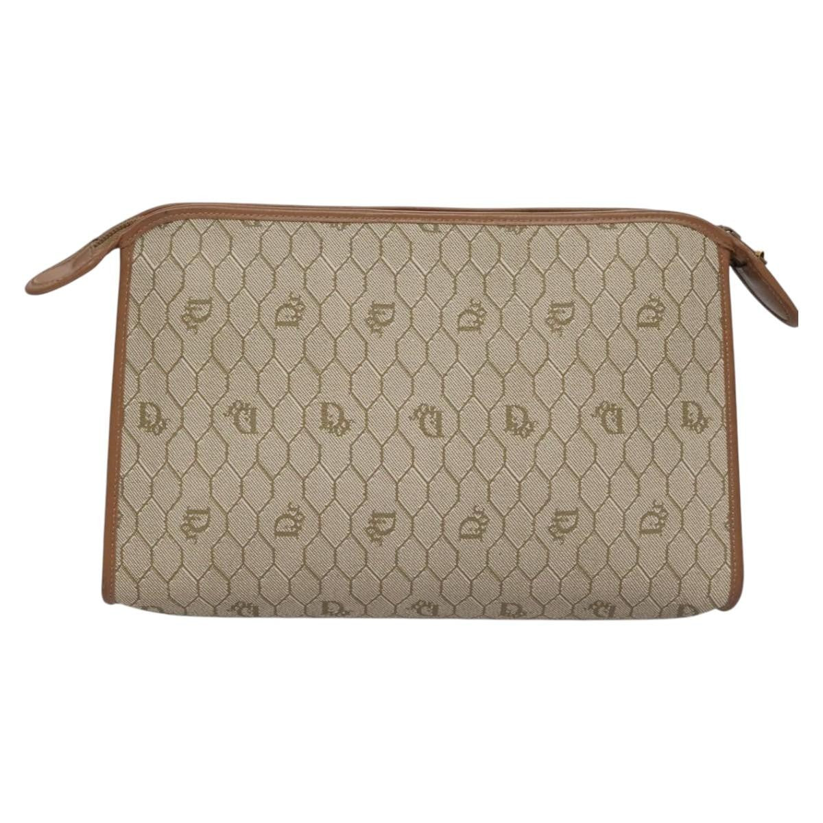 Christian Dior Vintage Honeycomb Zip Pouch Coated Canvas, BEIGE, PVC, Clutche & pouche