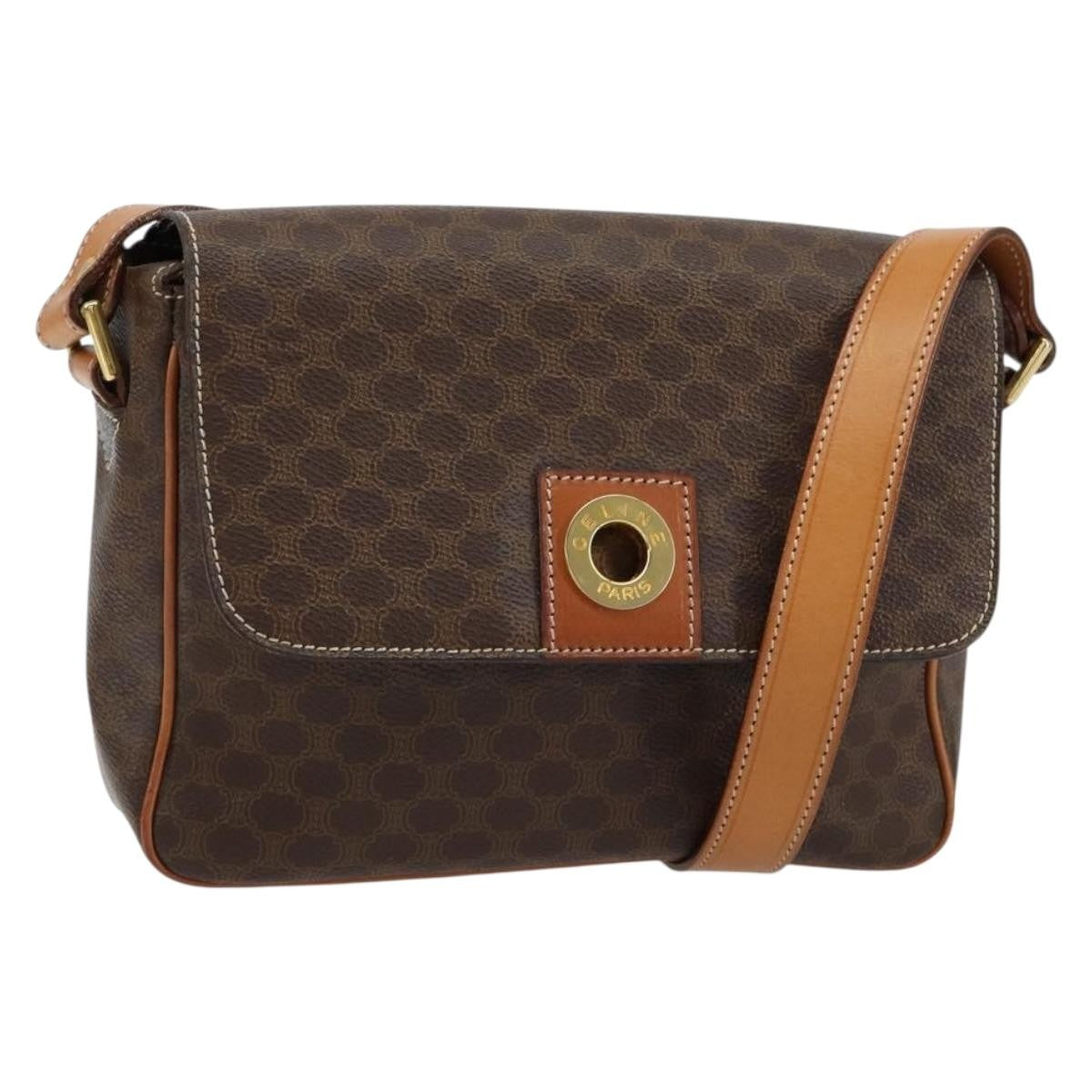 Celine Vintage Macadam Circle Logo Shoulder Bag Canvas and Leather, BROWN, CANVAS, Shoulder bag