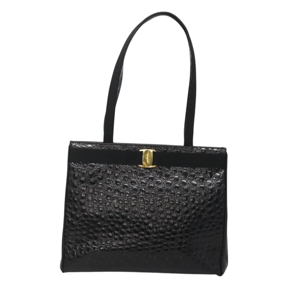 Salvatore Ferragamo Vintage Vara Bow Tote Lizard Embossed Leather, BLACK, LEATHER, Tote bag
