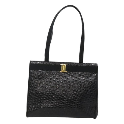 Salvatore Ferragamo Vintage Vara Bow Tote Lizard Embossed Leather, BLACK, LEATHER, Tote bag