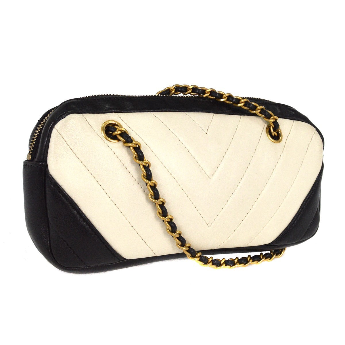 Chanel Chevron Camera Bag Quilted Leather, WHITE, LEATHER, Clutche & pouche