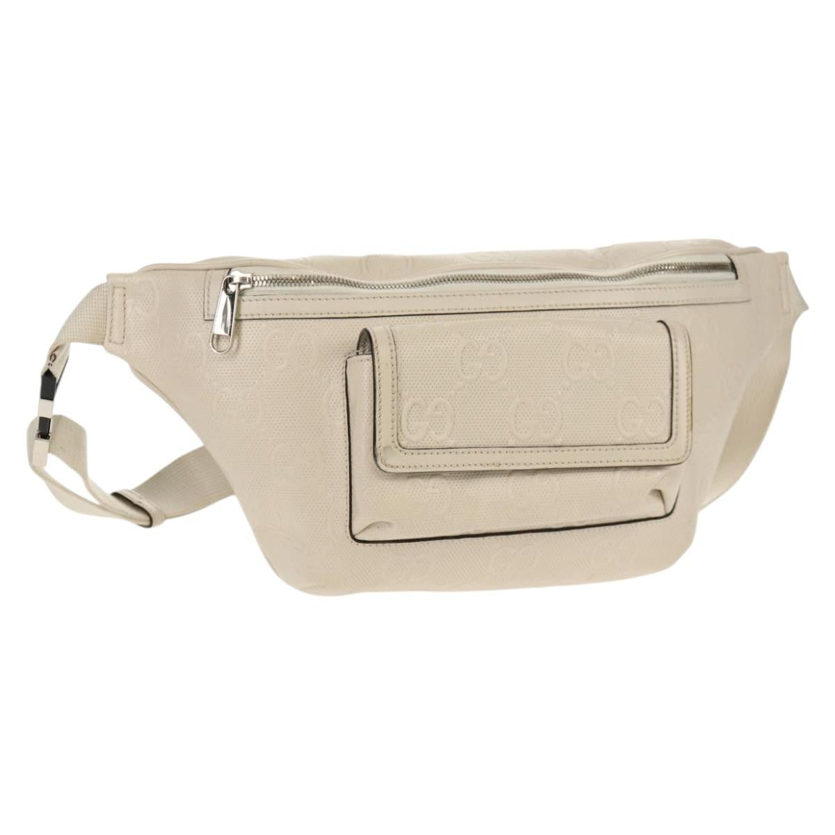 Gucci Front Pocket Belt Bag GG Embossed Perforated Leather, WHITE, CANVAS, Shoulder bag