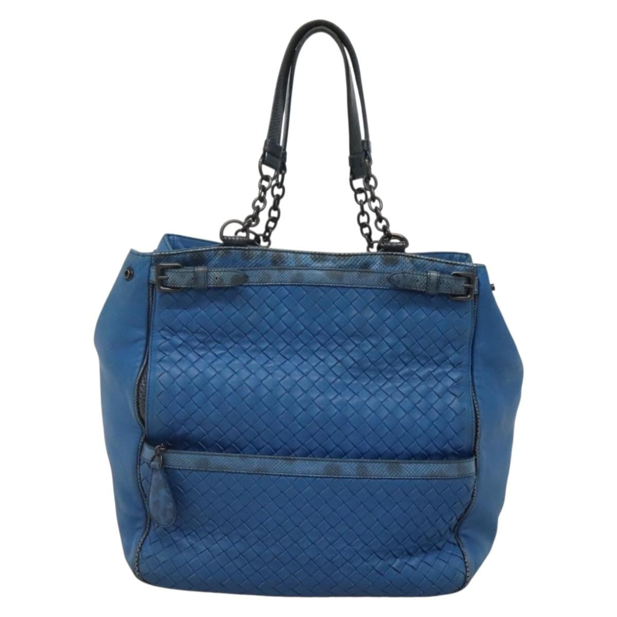 Bottega Veneta Belted Zip Chain Tote Intrecciato Nappa with Snakeskin, BLUE, LEATHER, Tote bag