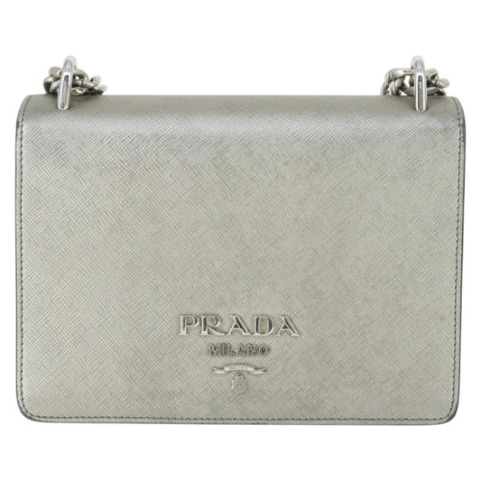 Prada Chain Flap Bag Saffiano Leather, SILVER, LEATHER, Shoulder bag