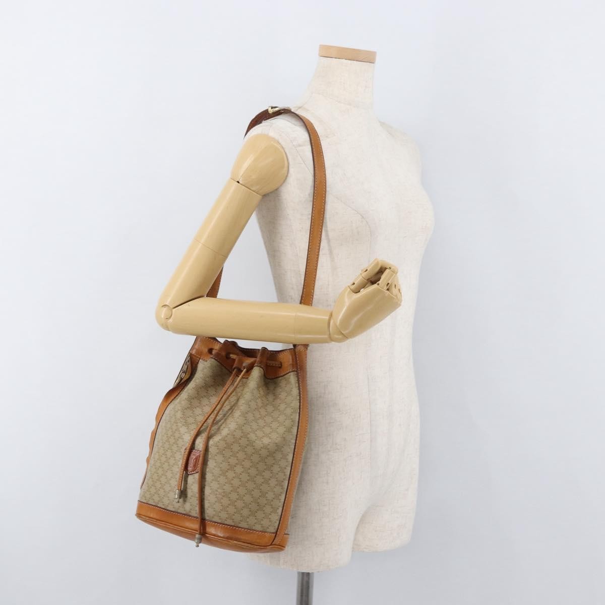 Celine Drawstring Bucket Bag Triomphe Coated Canvas, Beige, Canvas, Handbag
