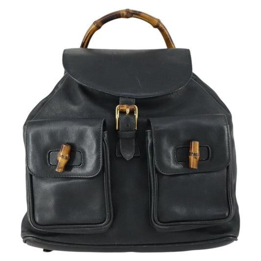 Gucci Vintage Bamboo Backpack Leather, BLACK, LEATHER, Backpack