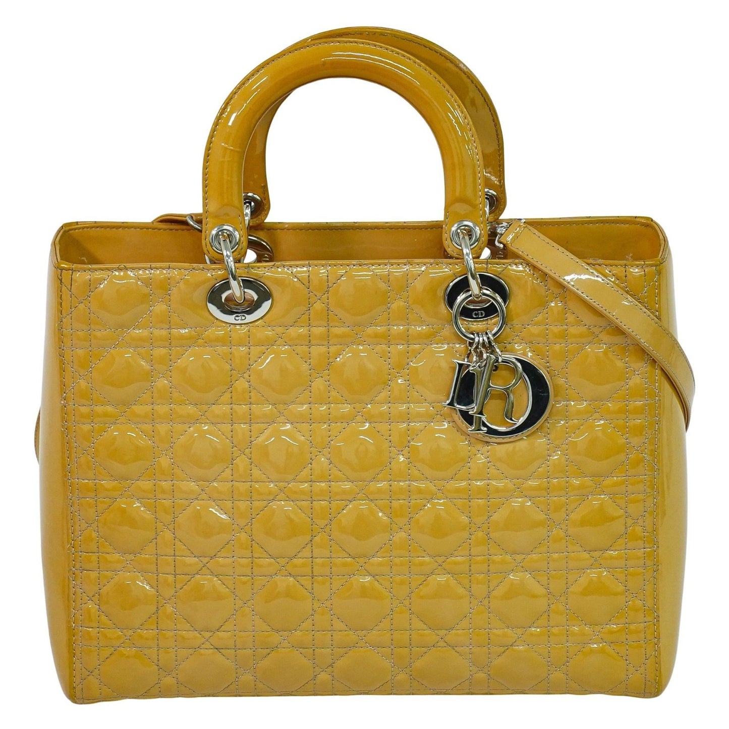 Christian Dior Vintage Lady Dior Bag Cannage Quilt Patent, BEIGE, PATENT_LEATHER, Handbag