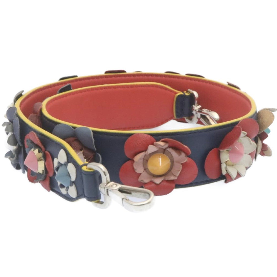Fendi Flowerland Strap You Shoulder Strap Studded Leather, NAVY, LEATHER, Straps