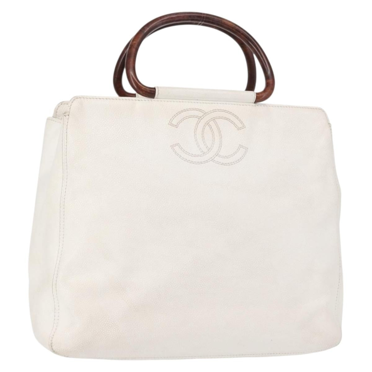Chanel Vintage Wooden Ring Tote Caviar, WHITE, LEATHER, Tote bag