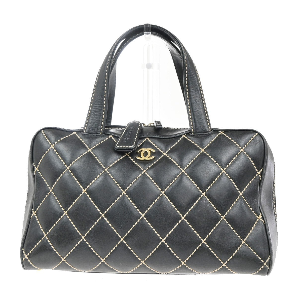 Chanel Surpique Boston Bag Quilted Leather, BLACK, LEATHER, Handbag