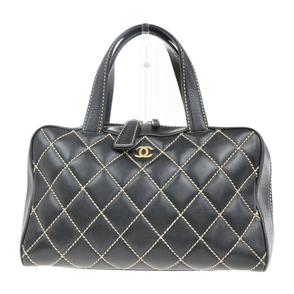 Chanel Surpique Boston Bag Quilted Leather, BLACK, LEATHER, Handbag