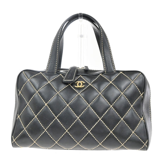 Chanel Surpique Boston Bag Quilted Leather, BLACK, LEATHER, Handbag