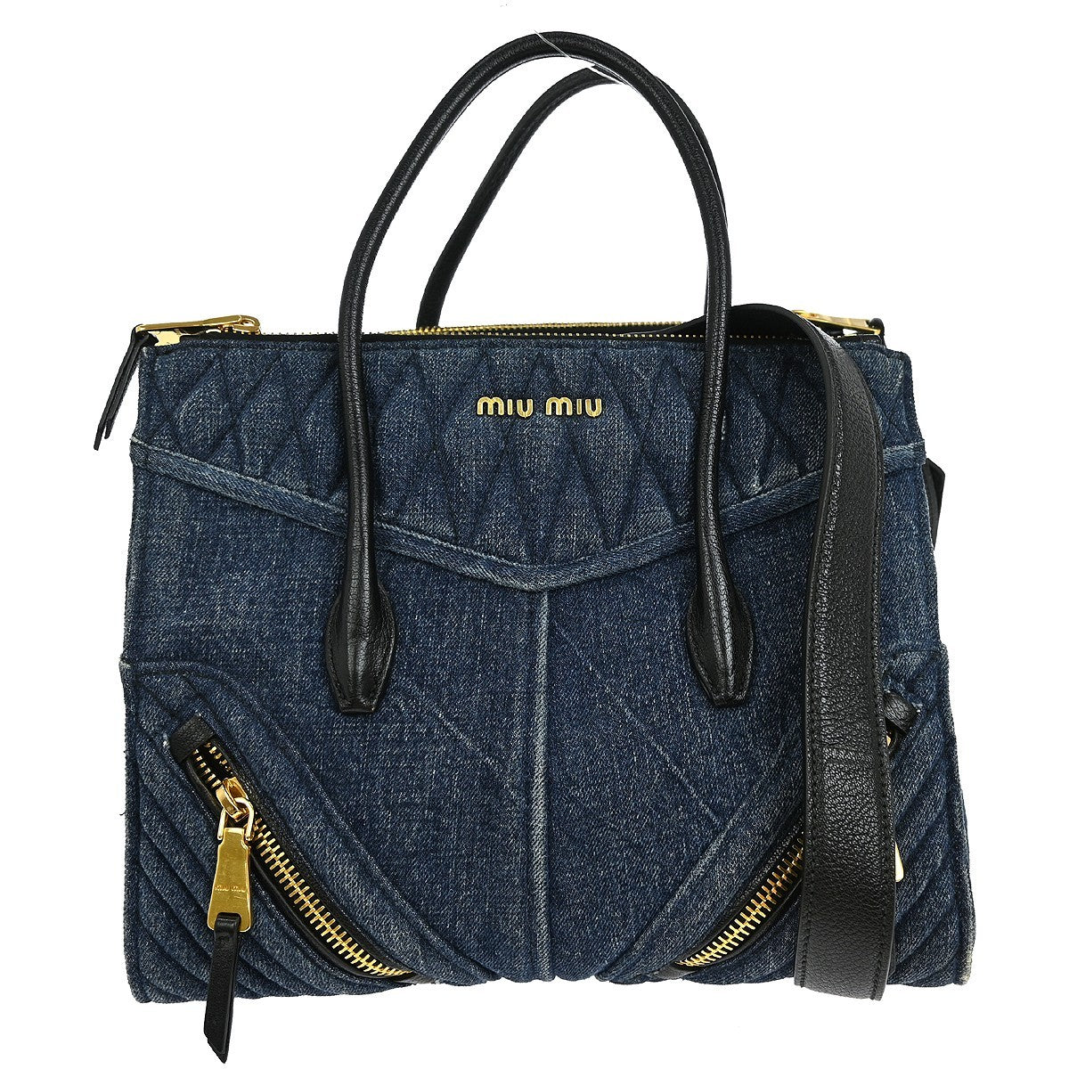 Miu Miu Biker Convertible Tote Denim with Leather, BLUE, DENIM_JEANS, Tote bag