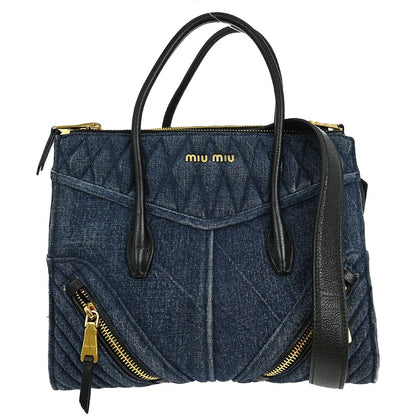 Miu Miu Biker Convertible Tote Denim with Leather, BLUE, DENIM_JEANS, Tote bag