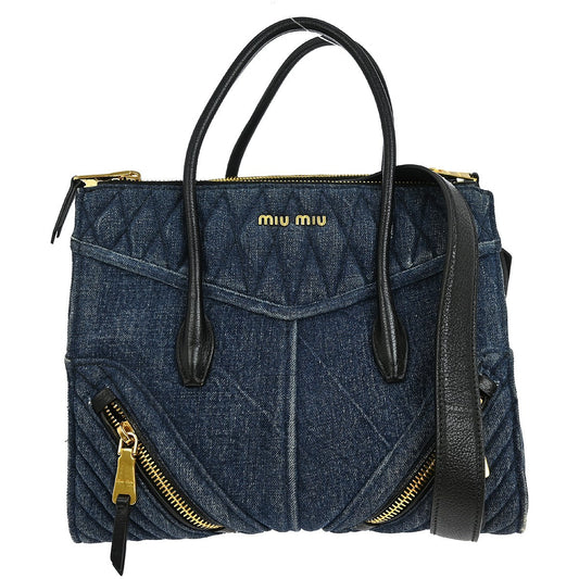Miu Miu Biker Convertible Tote Denim with Leather, BLUE, DENIM_JEANS, Tote bag
