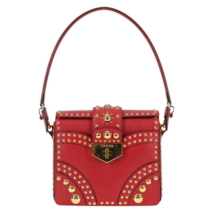 Prada Turn Lock Shoulder Bag Studded Saffiano Leather, RED, LEATHER, Shoulder bag
