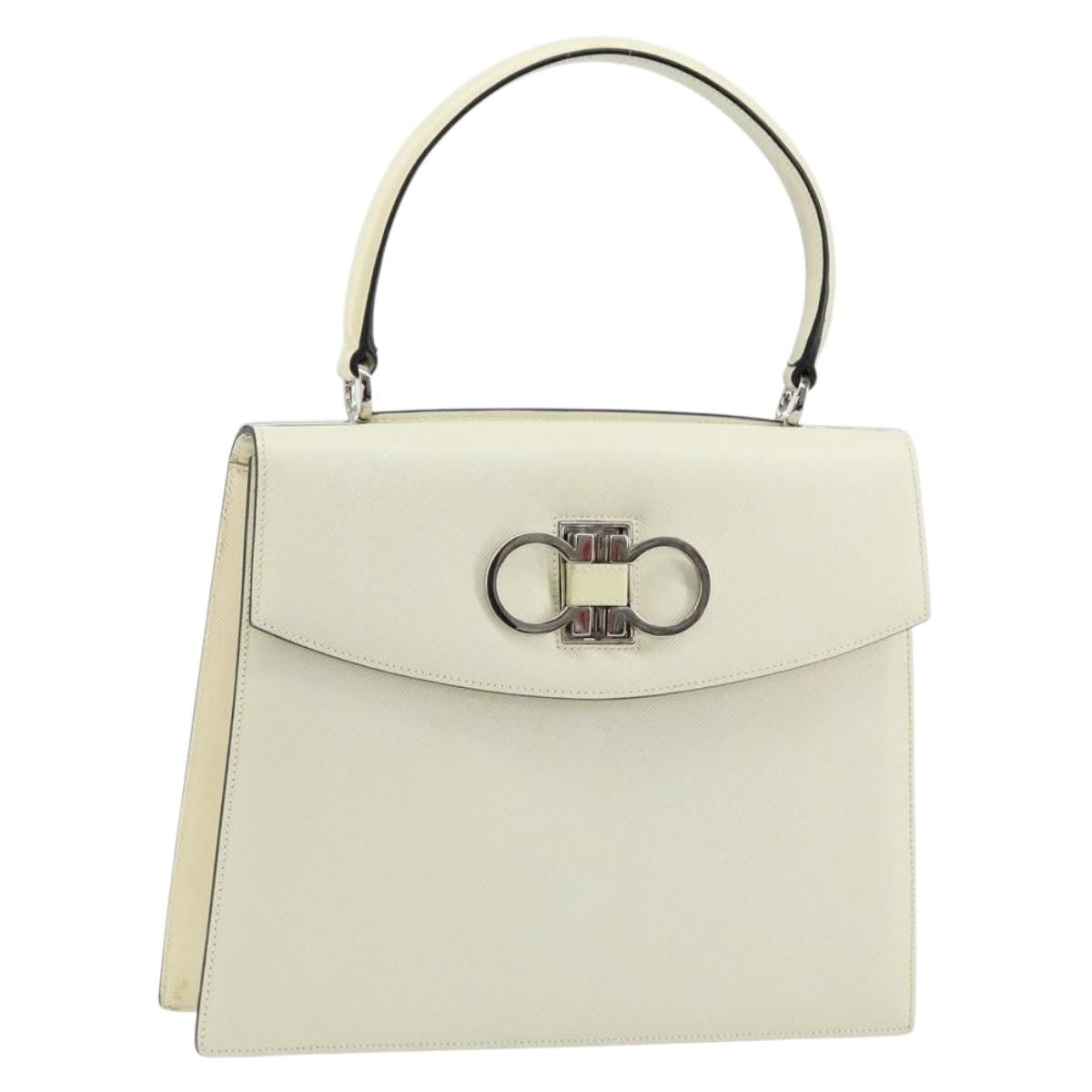 Salvatore Ferragamo Double Gancini Top Handle Bag Saffiano Leather, WHITE, LEATHER, Handbag