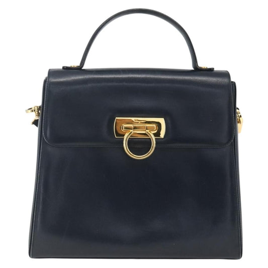 Salvatore Ferragamo Gancini Convertible Top Handle Bag Leather, NAVY, LEATHER, Handbag