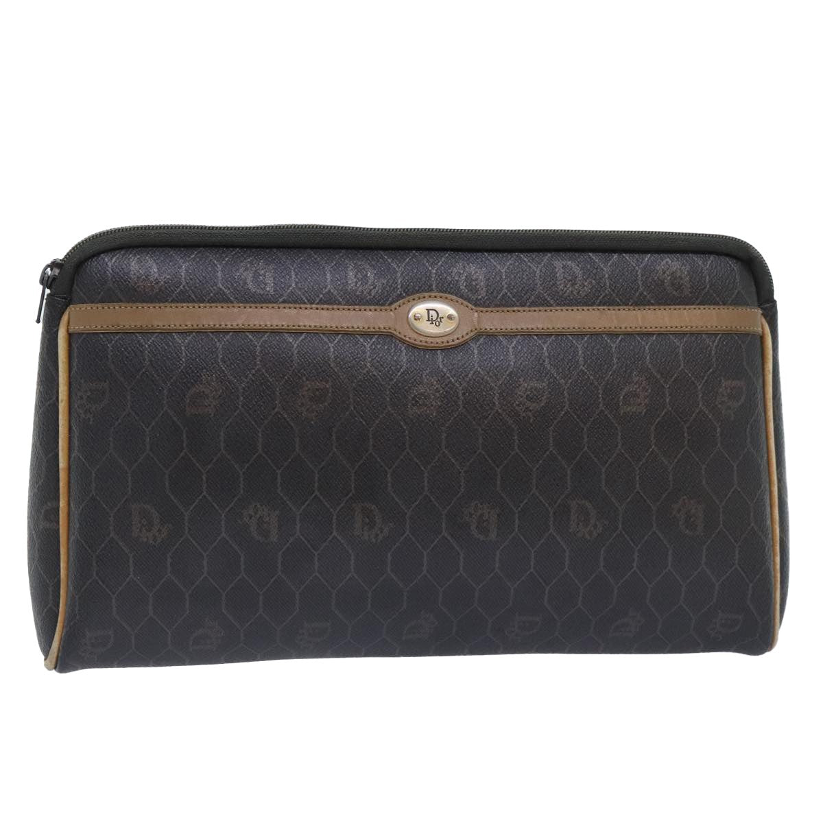 Christian Dior Vintage Honeycomb Zip Pouch Coated Canvas, BLACK, CANVAS, Clutche & pouche