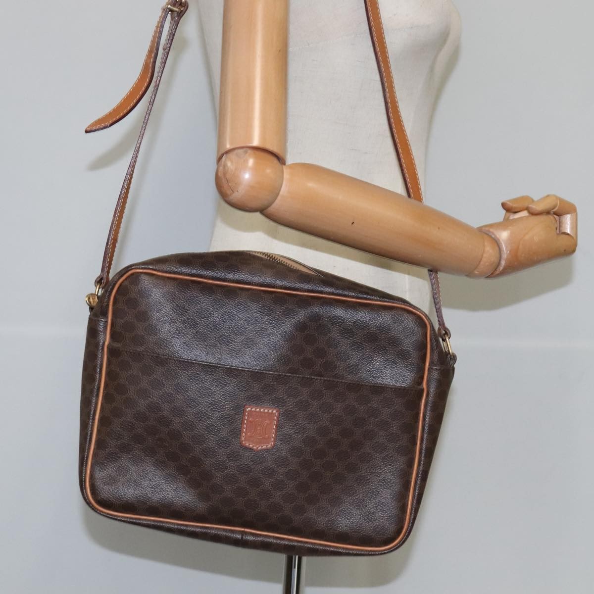 Celine Vintage Macadam Shoulder Bag Leather, BROWN, PVC,Leather,Canvas, Shoulder bag