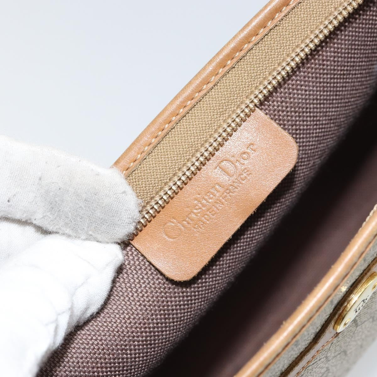 Christian Dior Vintage Honeycomb Zip Pouch Canvas and Leather, BEIGE, CANVAS, Clutche & pouche