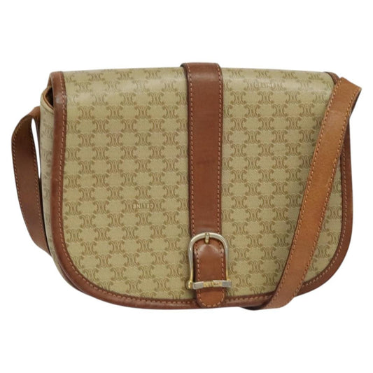 Celine Vintage Macadam Shoulder Bag Canvas and Leather, Beige, Canvas, Shoulder Bag