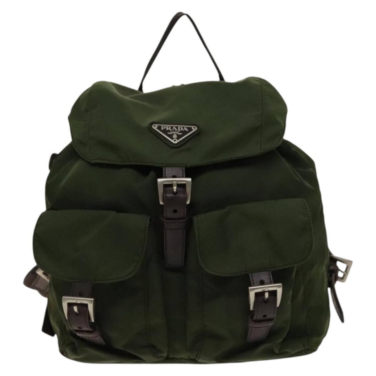 Prada Vela Double Front Pocket Backpack Tessuto with Saffiano Leather, KHAKI, NYLON, Backpack