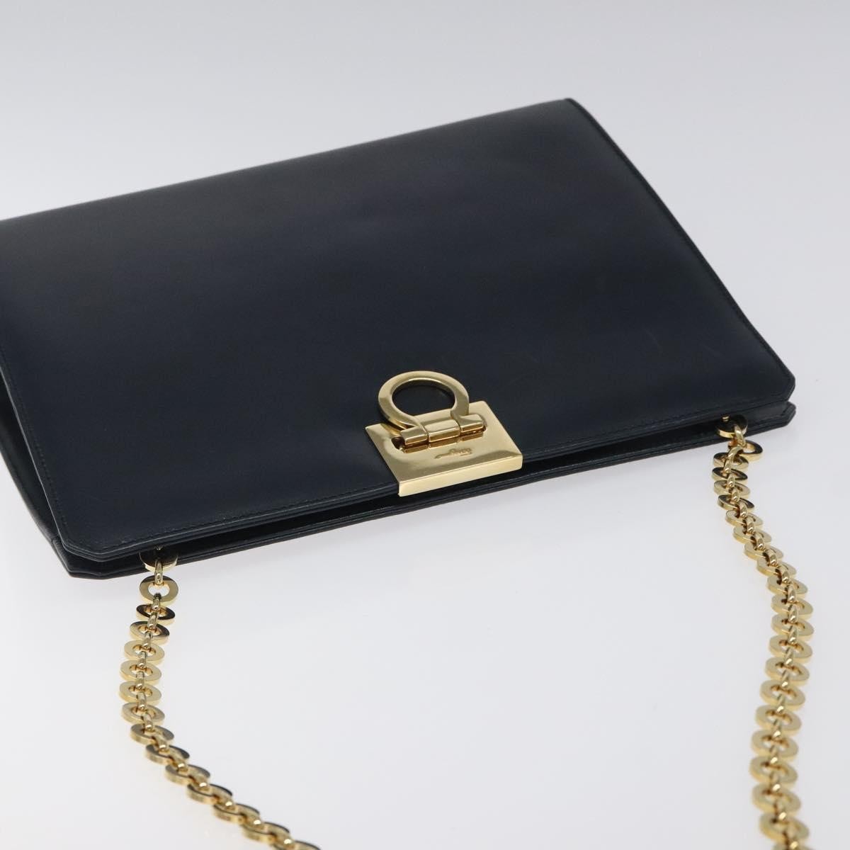 Salvatore Ferragamo Vintage Gancini Chain Shoulder Bag Leather, NAVY, LEATHER, Shoulder bag