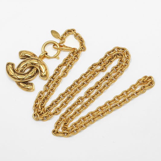 Chanel Vintage CC Pendant Necklace Quilted Metal, GOLD, GOLD_PLATED, Necklace