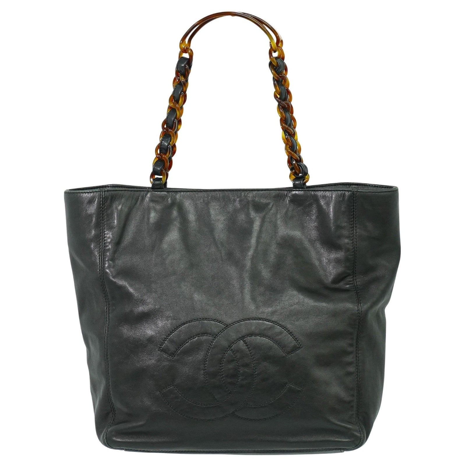 Chanel Vintage CC Resin Chain Tote Leather, BLACK, LEATHER, Tote bag