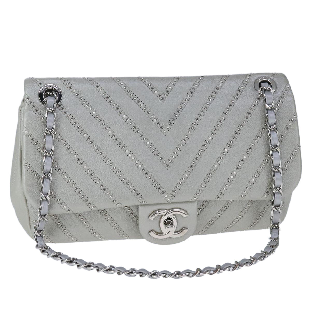 Chanel Vintage Classic Single Flap Bag Stitched Calfskin, GRAY, LEATHER, Shoulder bag
