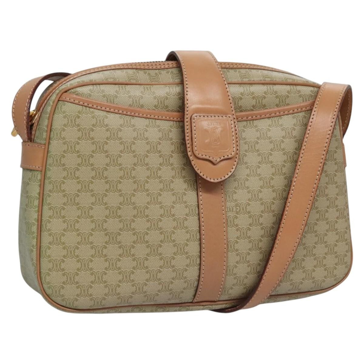 Celine Vintage Macadam Shoulder Bag Canvas and Leather, BEIGE, CANVAS, Shoulder bag