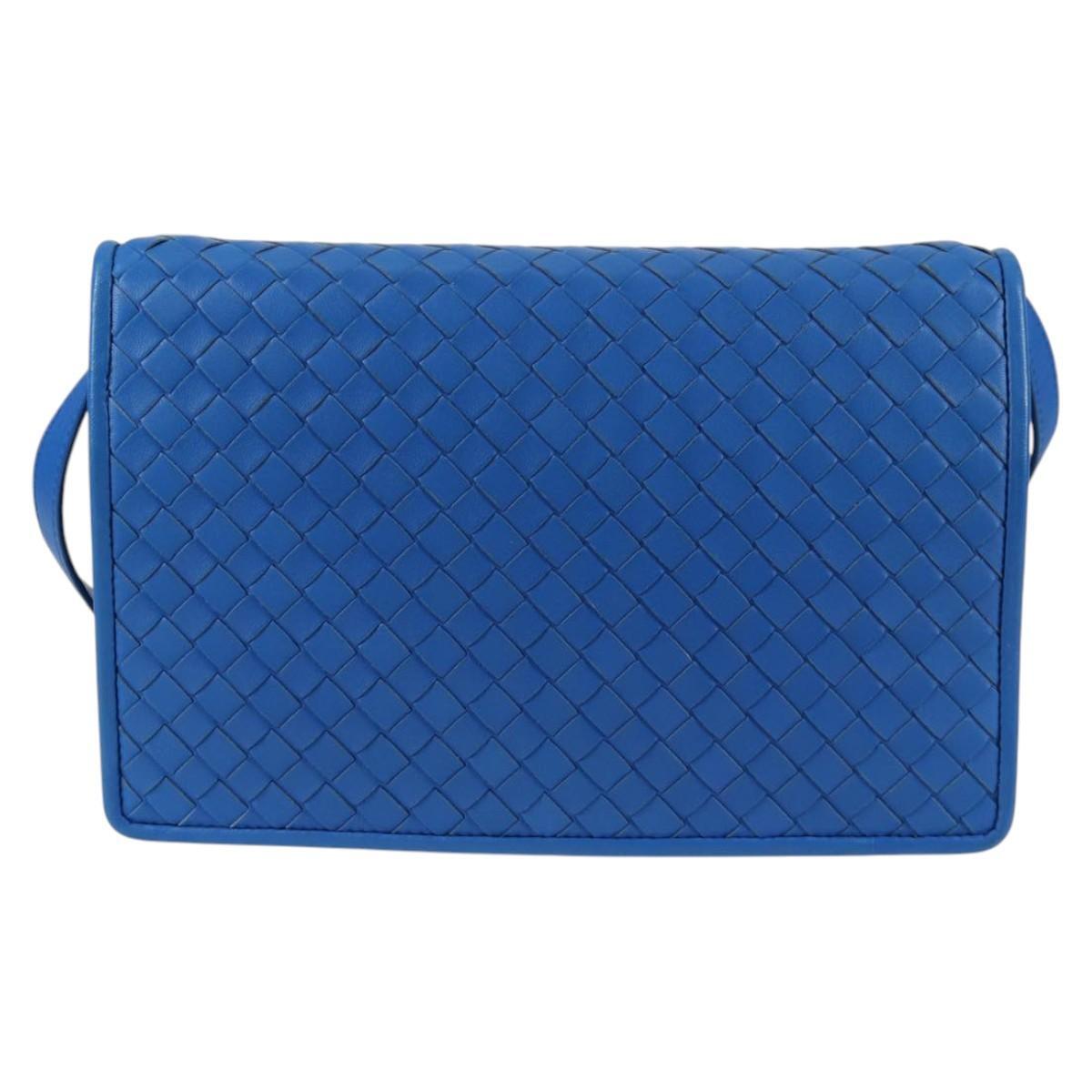 Bottega Veneta Vintage Double Compartment Flap Bag Intrecciato Nappa, BLUE, LEATHER, Shoulder bag