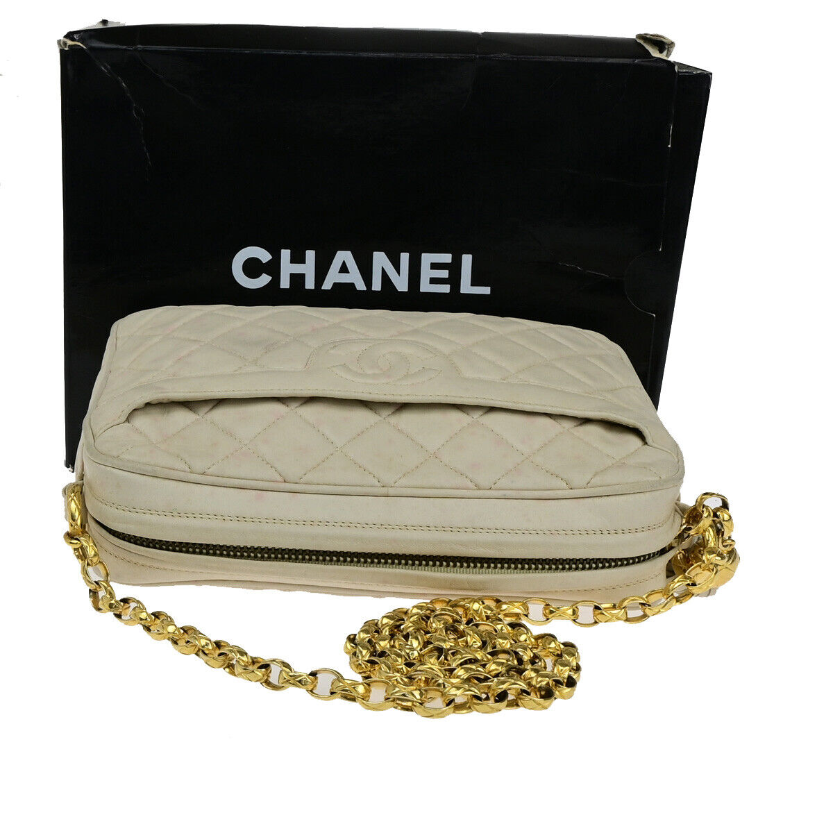 Chanel Vintage Camera Tassel Bag Chevron Lambskin, IVORY, LEATHER, Shoulder bag