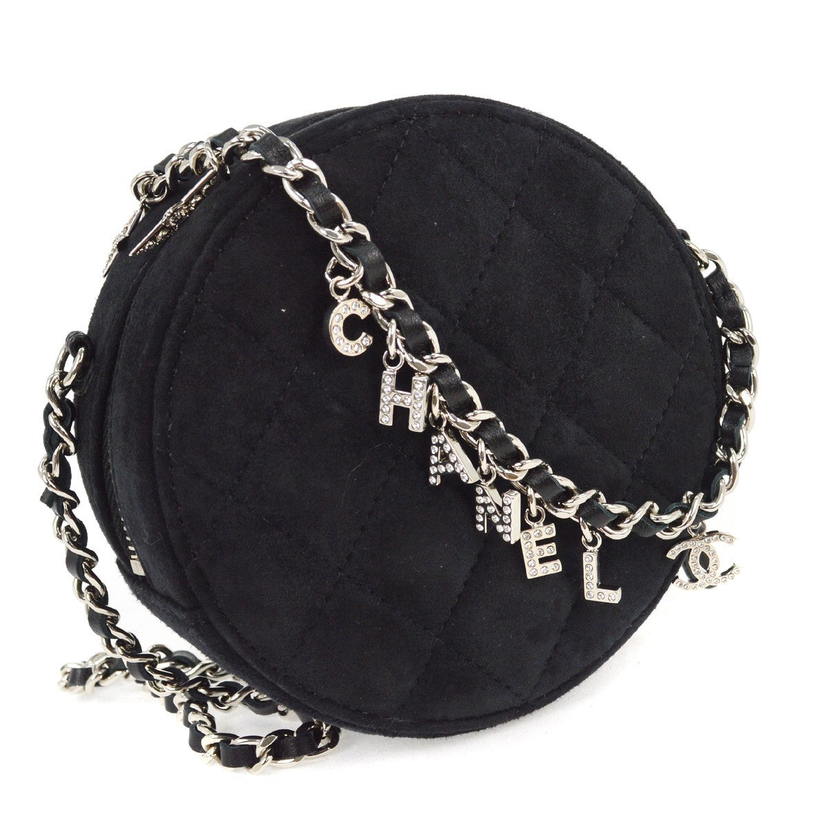 Chanel Star Round Clutch with Chain Quilted Suede with Crystal Embellished Charms, BLACK, SUEDE, Clutche & pouche