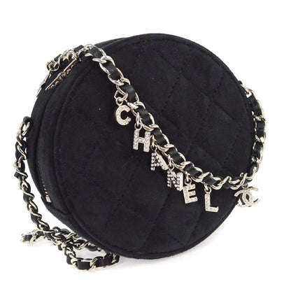 Chanel Star Round Clutch with Chain Quilted Suede with Crystal Embellished Charms, BLACK, SUEDE, Clutche & pouche