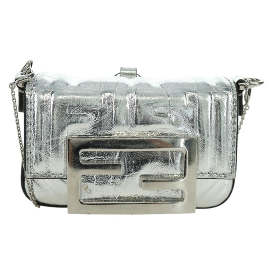 Fendi Chain Baguette Charm Bag Zucca Embossed Leather, SILVER, CANVAS, Clutche & pouche